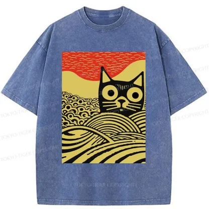 Tokyo-Tiger Woodcut Cat and Wave Washed T-Shirt