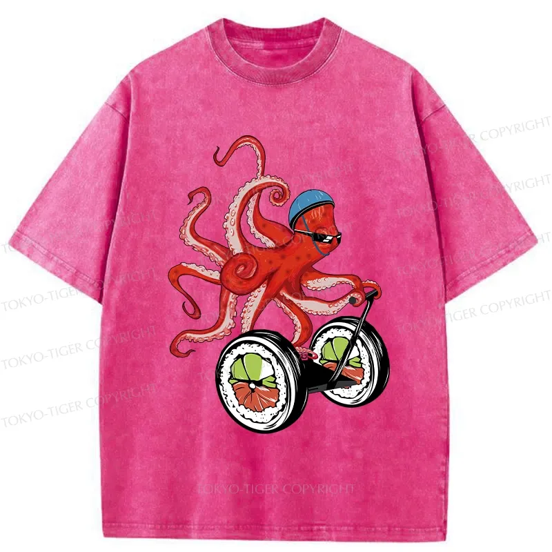 Tokyo-Tiger Octopus Riding A Sushi Cart Washed T-Shirt Sale