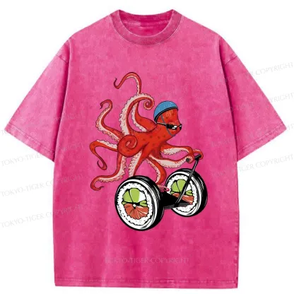Tokyo-Tiger Octopus Riding A Sushi Cart Washed T-Shirt