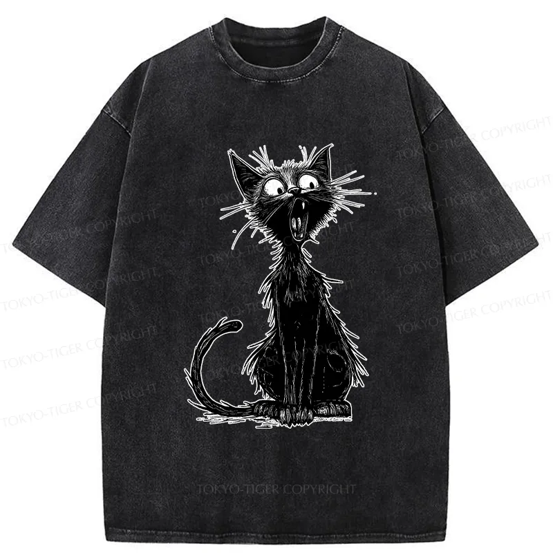 Tokyo-Tiger Surprised Black Cat Washed T-Shirt