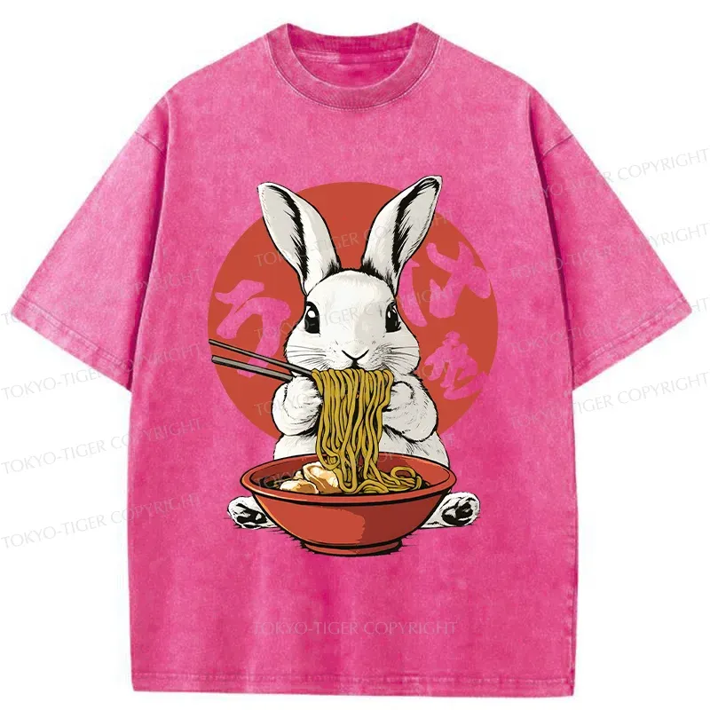 Tokyo-Tiger Rabbit Eating Ramen Washed T-Shirt