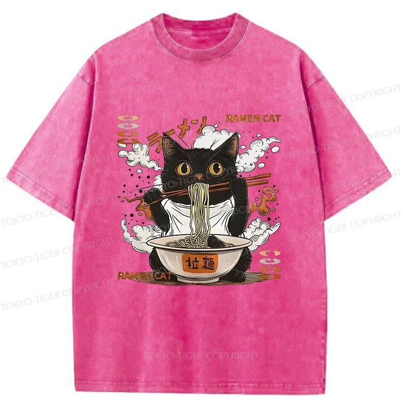 Tokyo-Tiger Cat Chef Eating Ramen Washed T-Shirt