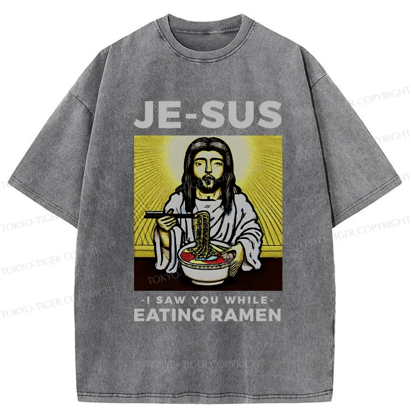 Tokyo-Tiger Jesus Eating Ramen Washed T-Shirt