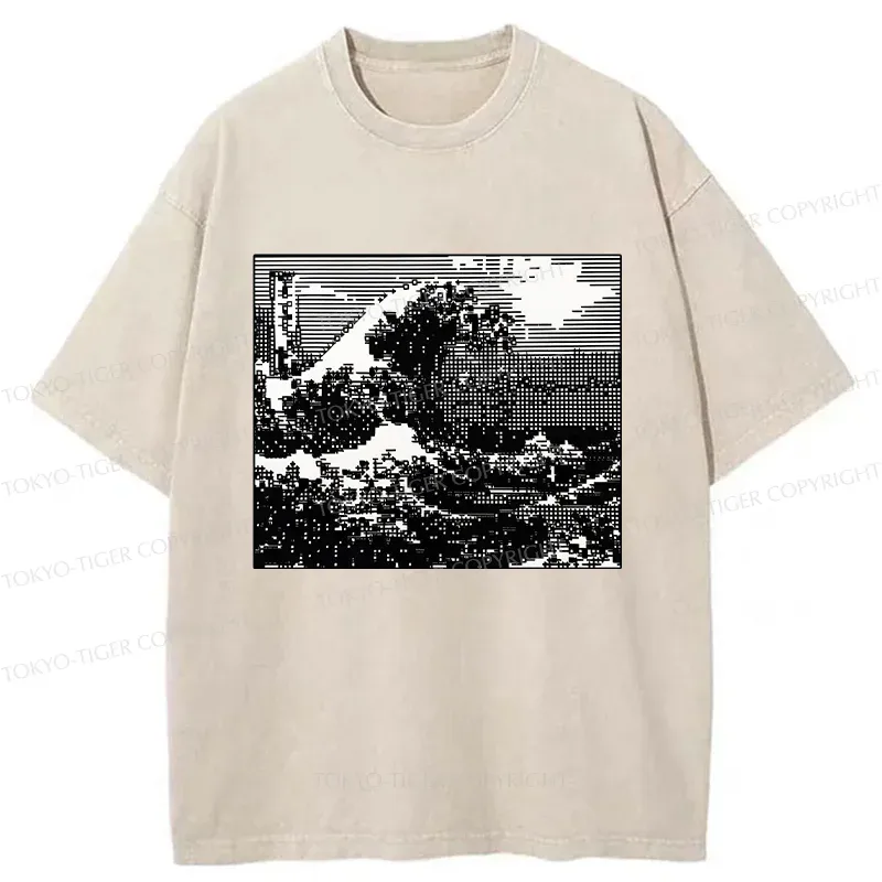 Tokyo-Tiger Black And White Ukiyoe Wave Washed T-Shirt