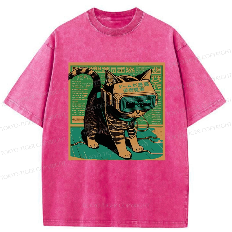 Tokyo-Tiger Cyberpunk Sci-Fi Cat Washed T-Shirt
