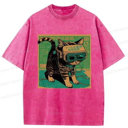 Tokyo-Tiger Cyberpunk Sci-Fi Cat Washed T-Shirt