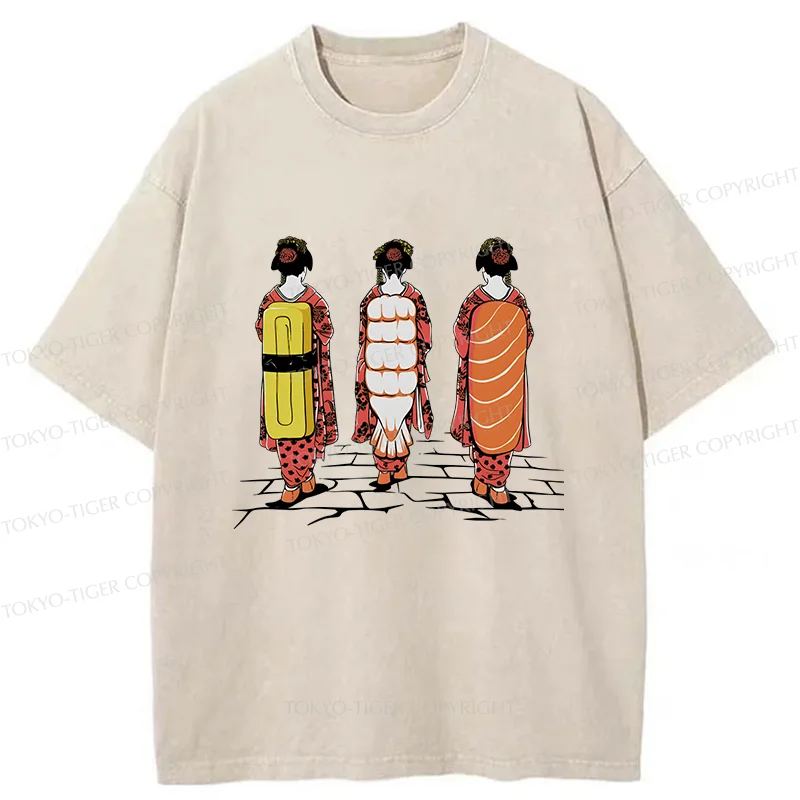 Tokyo-Tiger Sushi Japanese Girl Washed T-Shirt