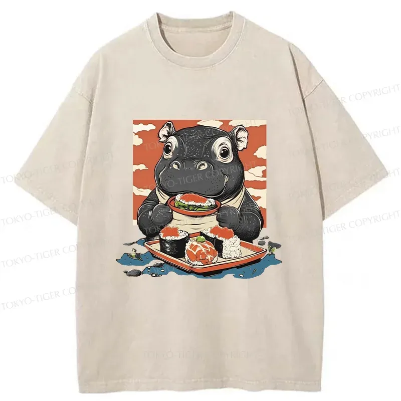 Tokyo-Tiger Moo Deng Eat Sushi Washed T-Shirt