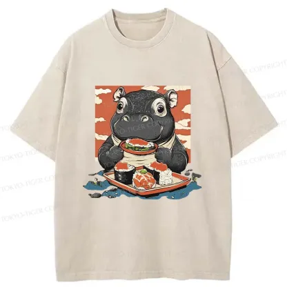 Tokyo-Tiger Moo Deng Eat Sushi Washed T-Shirt