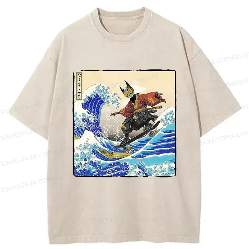 Tokyo-Tiger Surfing Machine Cat Washed T-Shirt