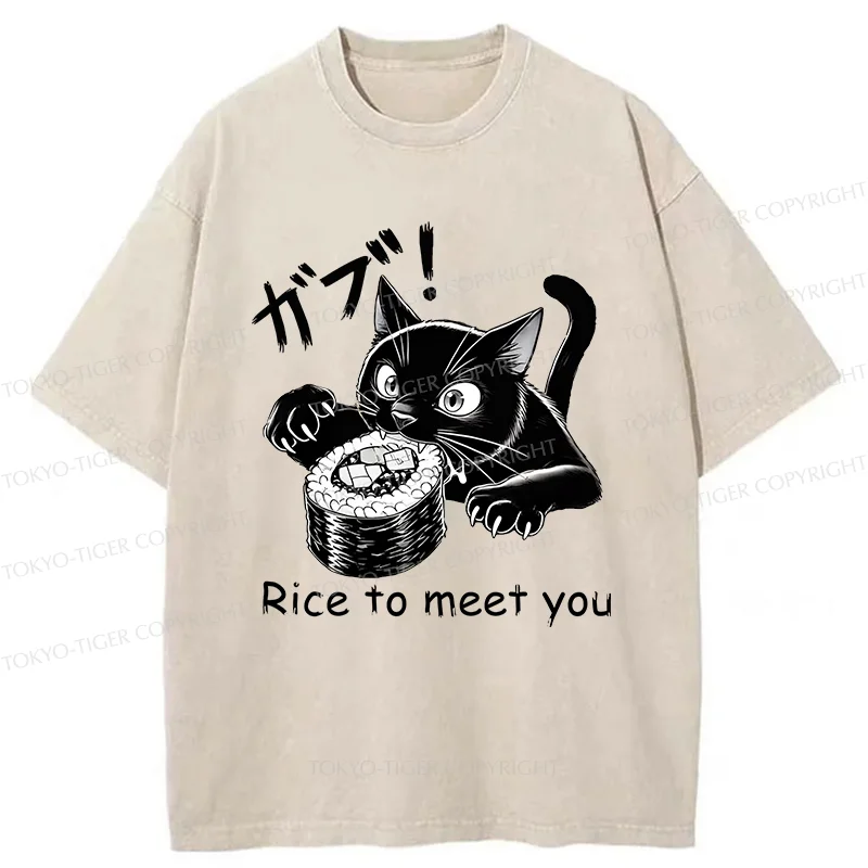 Tokyo-Tiger Fierce Cat Eating Sushi Washed T-Shirt