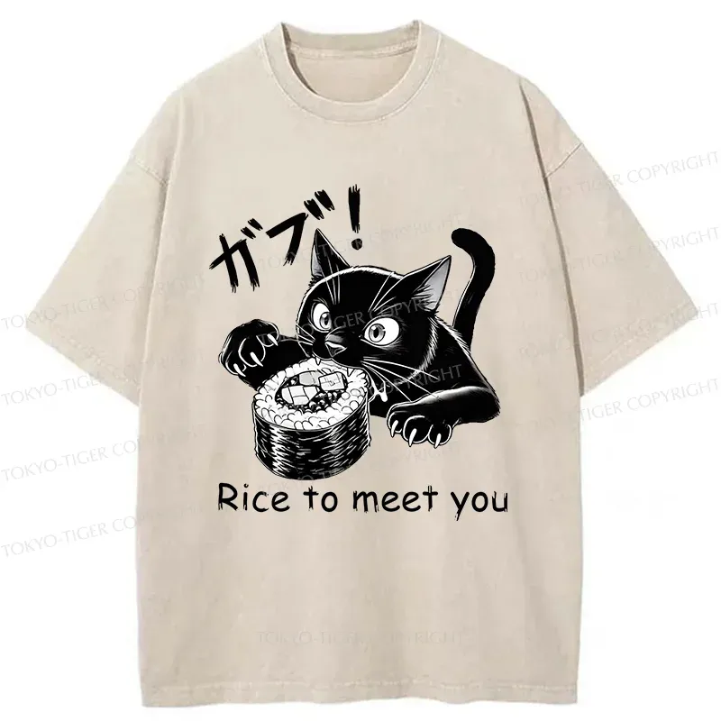 Tokyo-Tiger Fierce Cat Eating Sushi Washed T-Shirt
