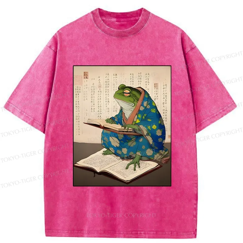 Tokyo-Tiger Frog Reading Japanese Washed T-Shirt