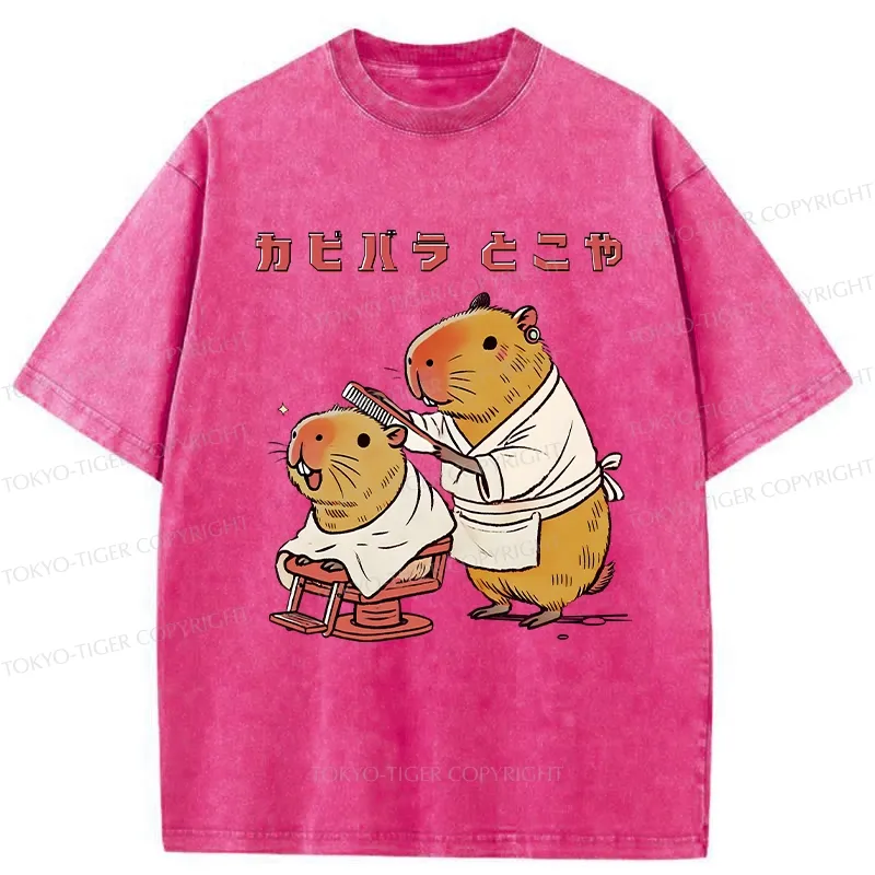Tokyo-Tiger Funny Capybara Barber Washed T-Shirt
