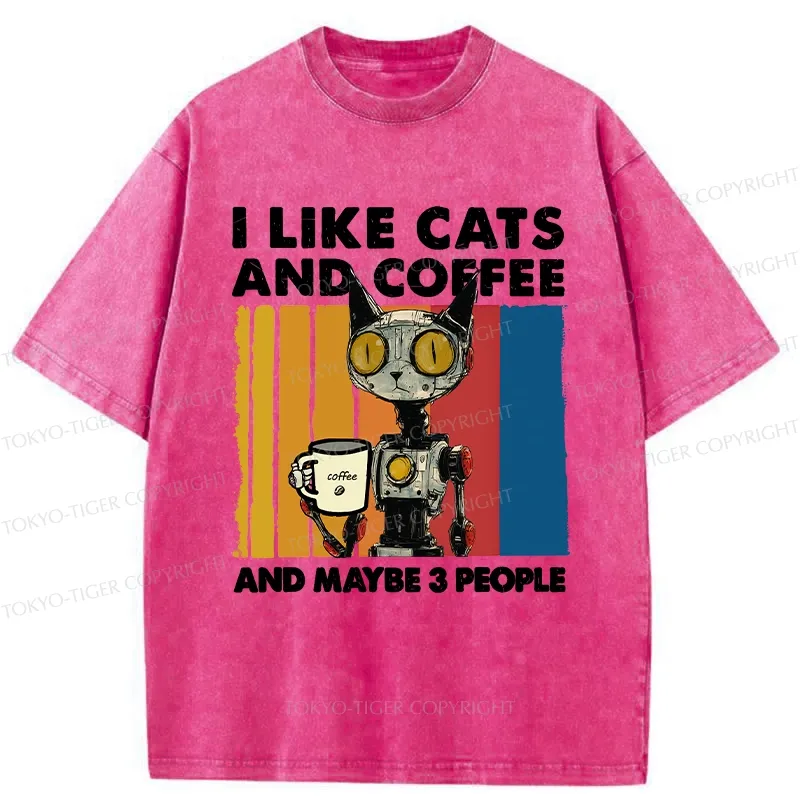 Tokyo-Tiger I Like Robot Cats And Coffee Washed T-Shirt