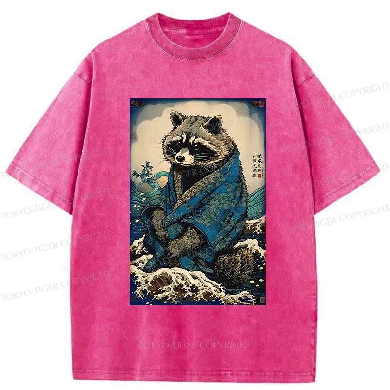 Tokyo-Tiger Raccoon And Waves Washed T-Shirt