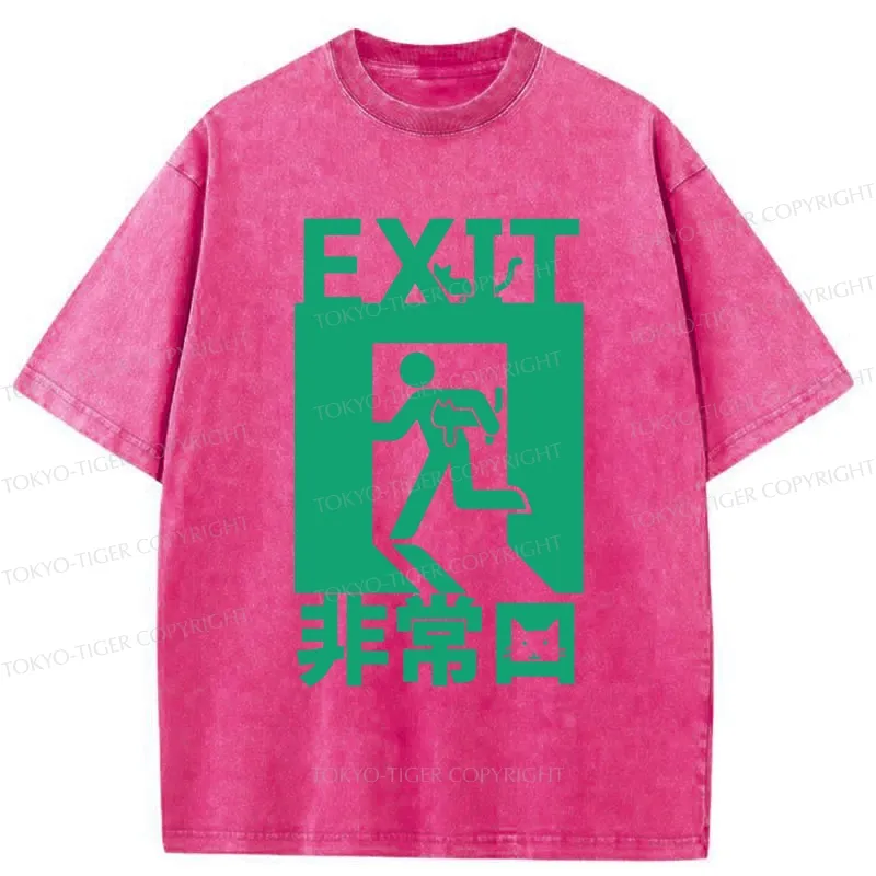 Tokyo-Tiger Funny Cat Exit Washed T-Shirt