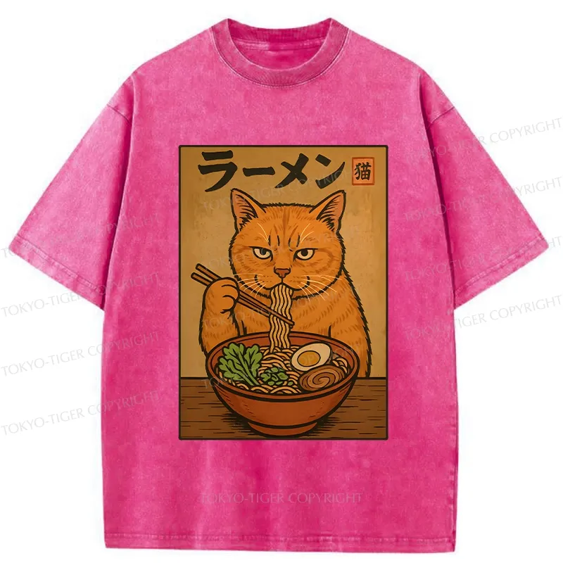 Tokyo-Tiger Ramen Obsessed Cute Cat Washed T-Shirt