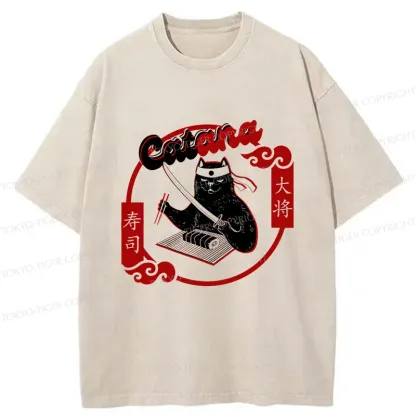 Tokyo-Tiger Cat Sushi Chef Washed T-Shirt