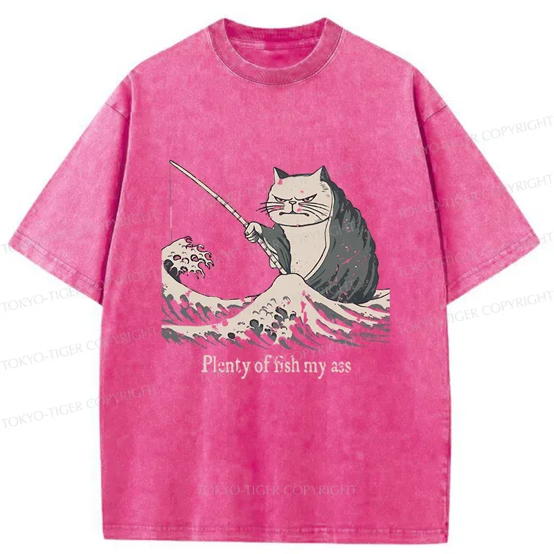Tokyo-Tiger Kitten Fishing Funny Washed T-Shirt