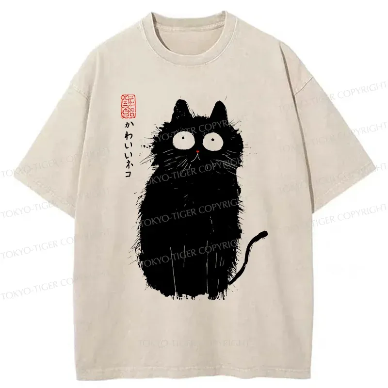 Tokyo-Tiger Black Cat With Puffed-up Fur Washed T-Shirt