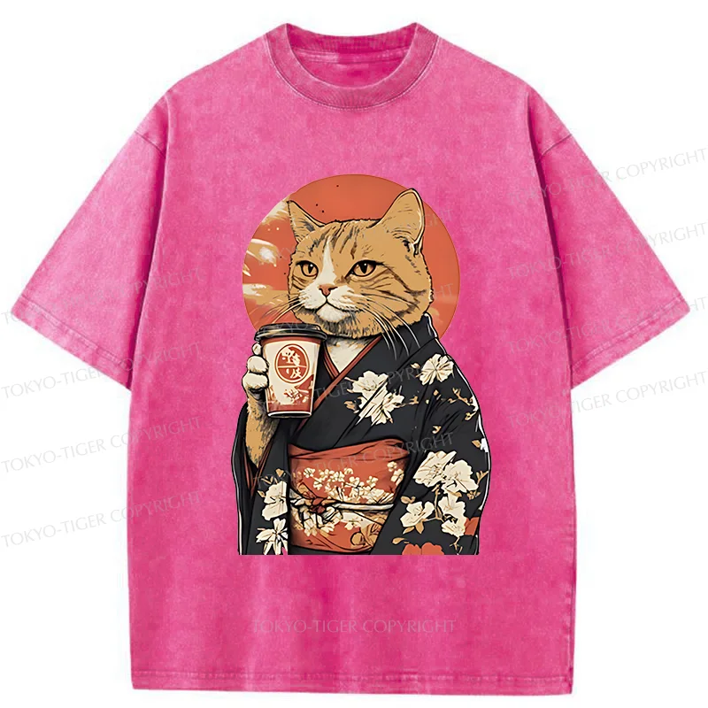 Tokyo-Tiger Cat Drinking Coffee Washed T-Shirt