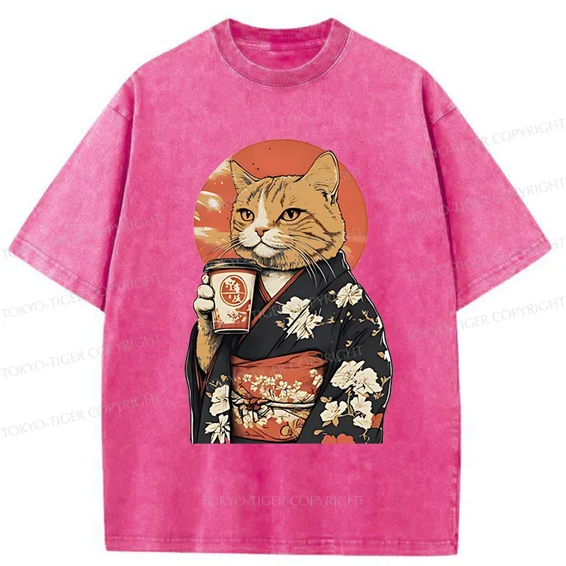 Tokyo-Tiger Cat Drinking Coffee Washed T-Shirt