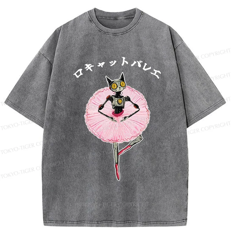 Tokyo-Tiger Ballet Dancing Robot Cat Washed T-Shirt