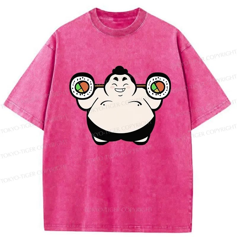 Tokyo-Tiger Funny Sumo Wrestler Lifting Sushi Barbell Washed T-Shirt