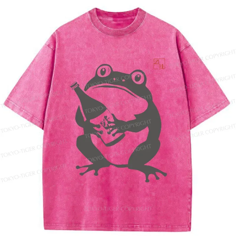 Tokyo-Tiger Retro Frog Holding Wine Washed T-Shirt