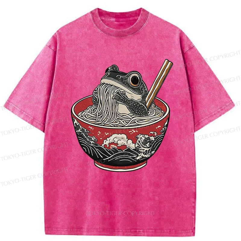 Tokyo-Tiger Funny Frog Eating Ramen In A Bowl Washed T-Shirt