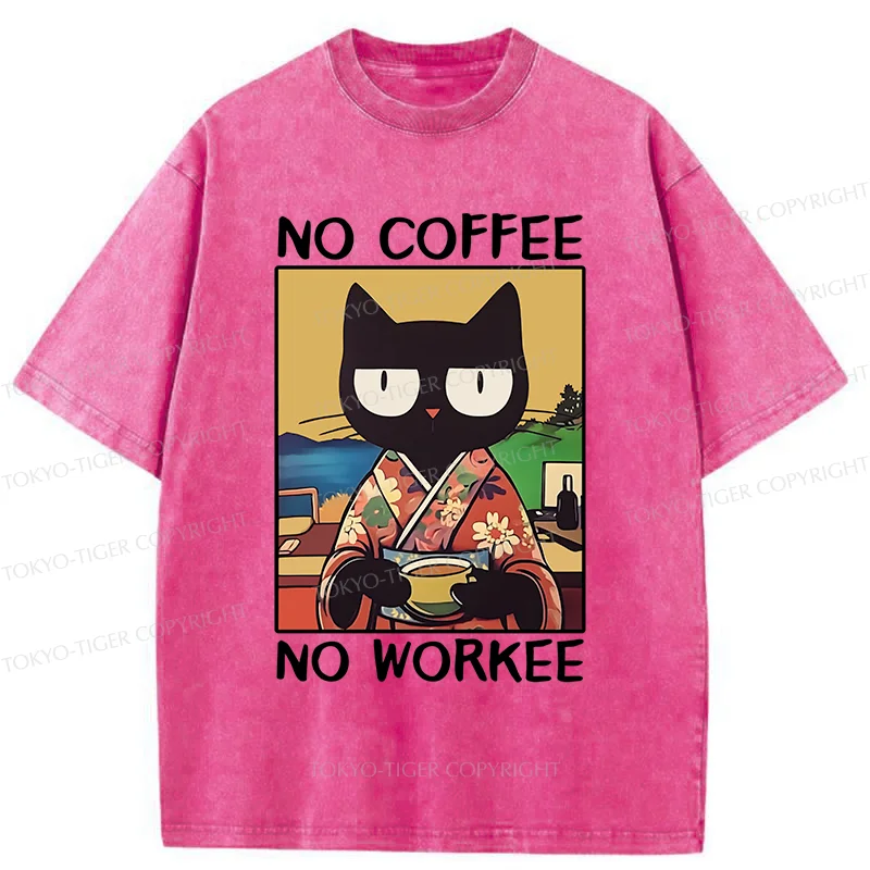 Tokyo-Tiger Cat Drinking Coffee Washed T-Shirt