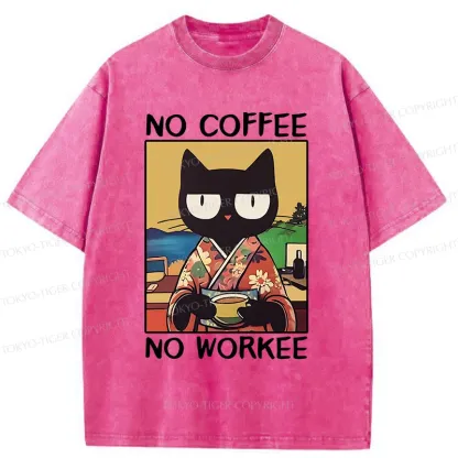 Tokyo-Tiger Cat Drinking Coffee Washed T-Shirt