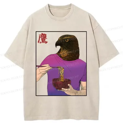 Tokyo-Tiger Eagle Eating Ramen Washed T-Shirt