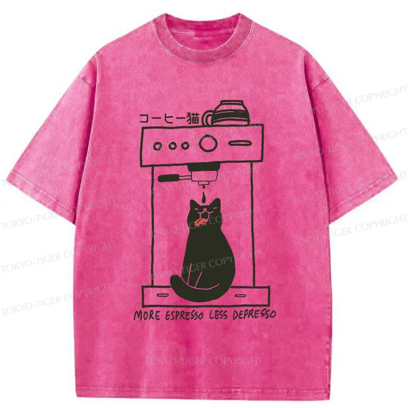Tokyo-Tiger Cat Drinking Coffee Washed T-Shirt