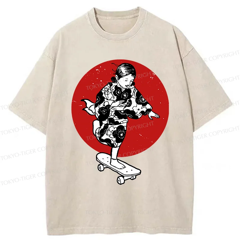 Tokyo-Tiger Kid On Skateboard Washed T-Shirt