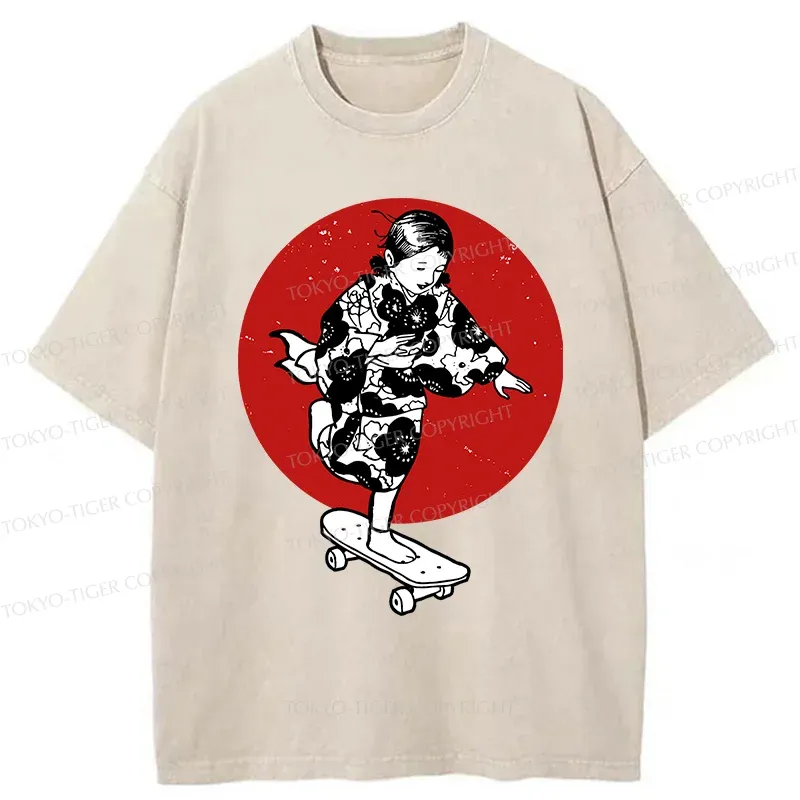 Tokyo-Tiger Kid On Skateboard Washed T-Shirt