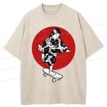 Tokyo-Tiger Kid On Skateboard Washed T-Shirt