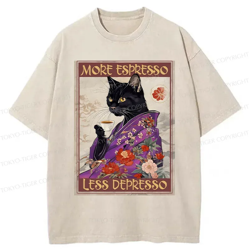 Tokyo-Tiger Japanese Cat Drinking Coffee Washed T-Shirt