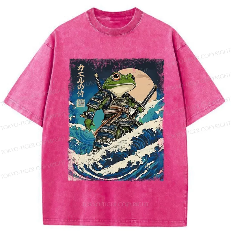 Tokyo-Tiger Frog Samurai In The Great Wave Washed T-Shirt