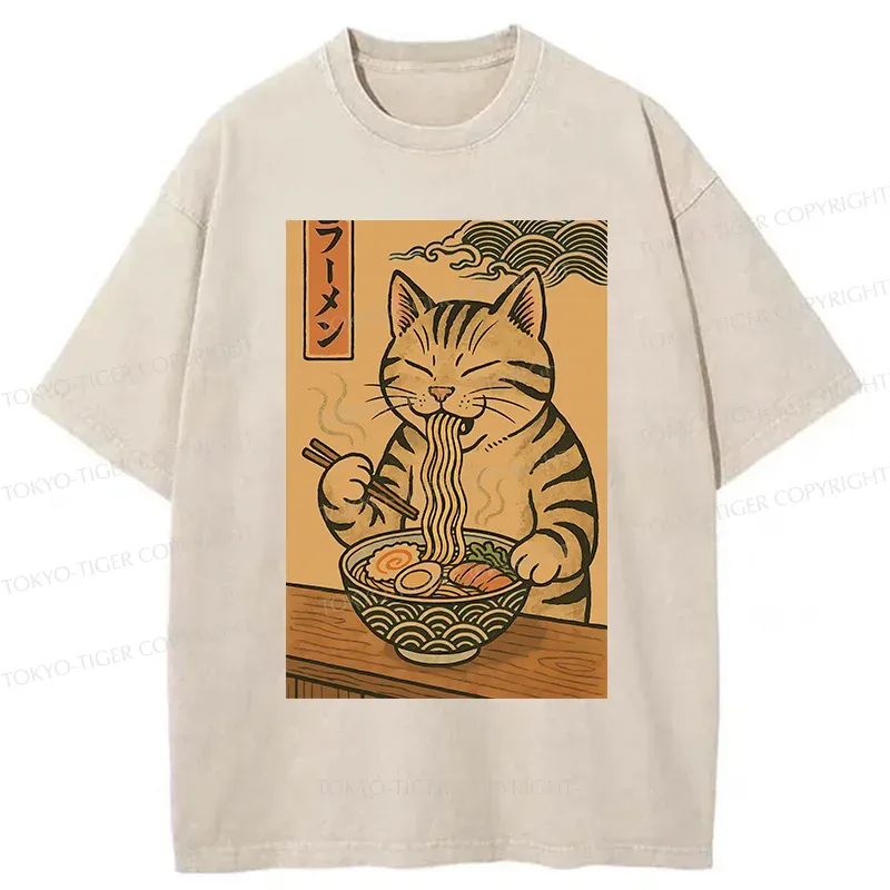 Tokyo-Tiger Retro Cat Eating Ramen Poster Washed T-Shirt