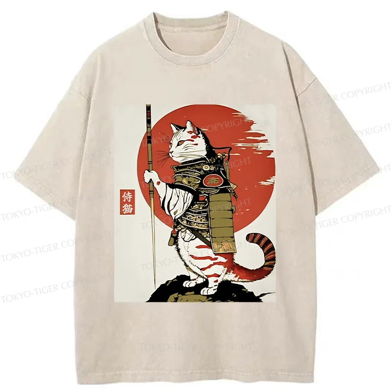 Tokyo-Tiger Samurai Cat Holding Sword Washed T-Shirt