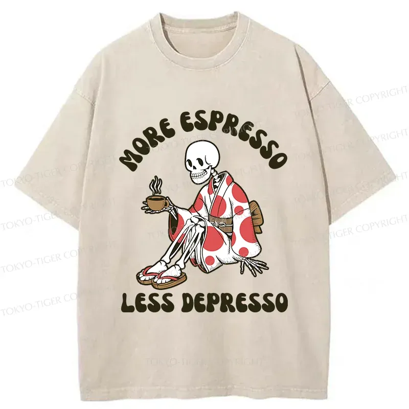 Tokyo-Tiger Skeleton Drinking Coffee Washed T-Shirt