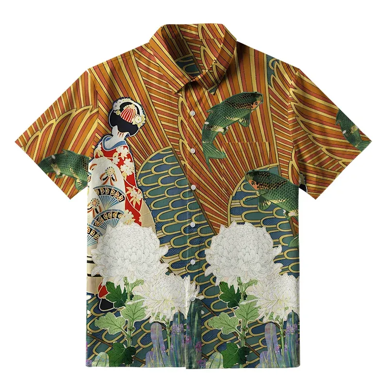 Tokyo-Tiger Geisha Among The Chrysanthemums Button-up Shirt Sale