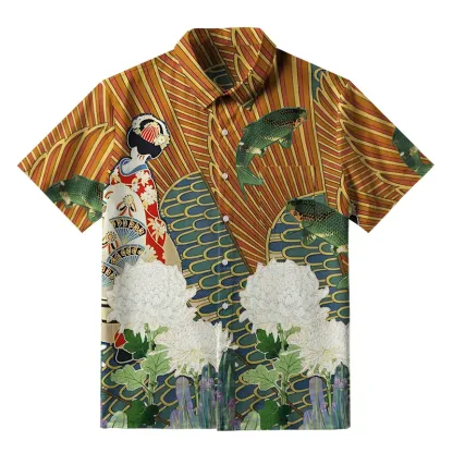 Tokyo-Tiger Geisha Among The Chrysanthemums Button-up Shirt