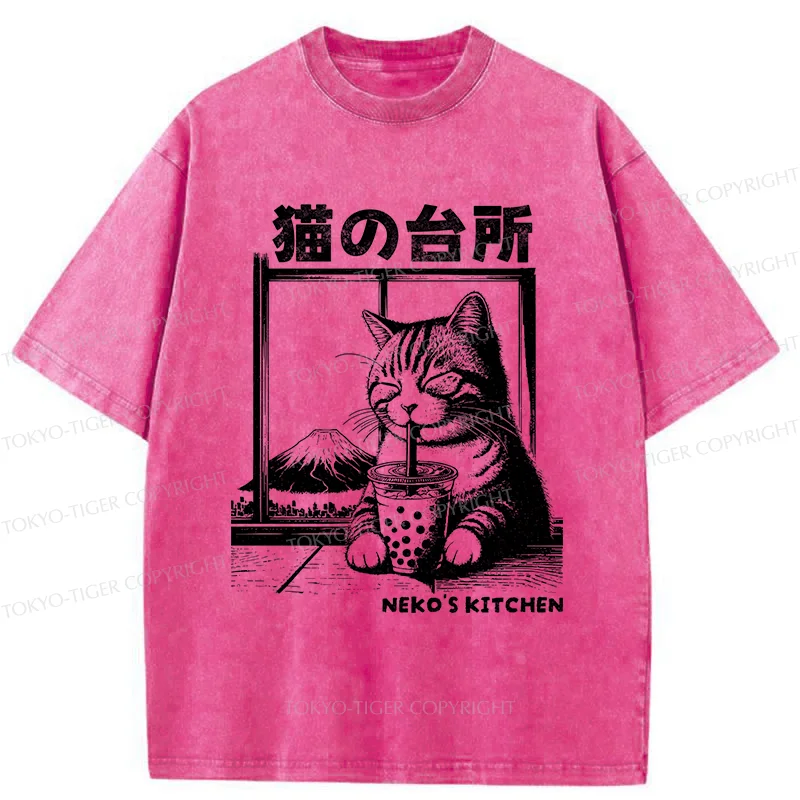 Tokyo-Tiger Cat Drinking Milk Tea Washed T-Shirt