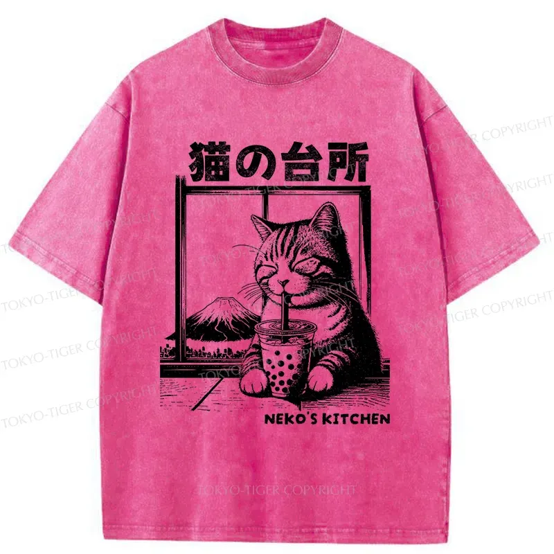 Tokyo-Tiger Cat Drinking Milk Tea Washed T-Shirt