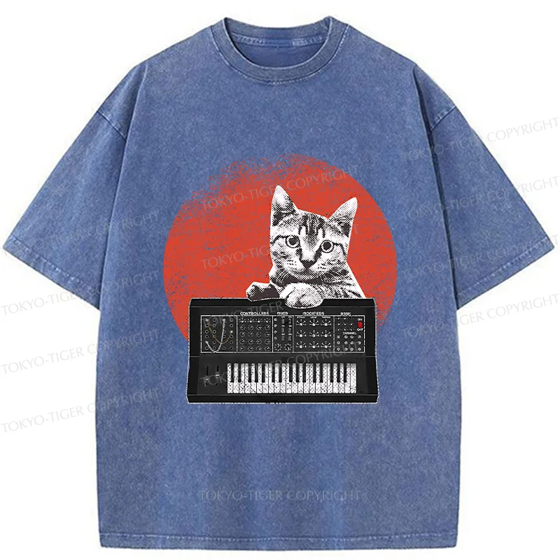 Tokyo-Tiger Cat And Analog Synthesizer Washed T-Shirt