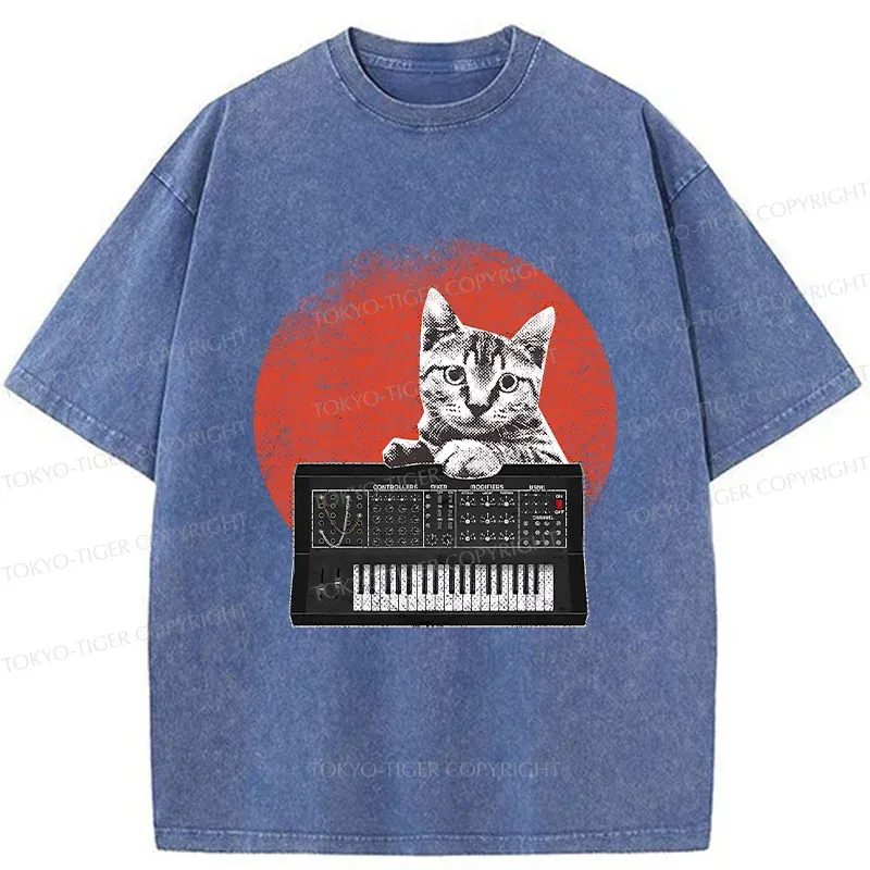 Tokyo-Tiger Cat And Analog Synthesizer Washed T-Shirt