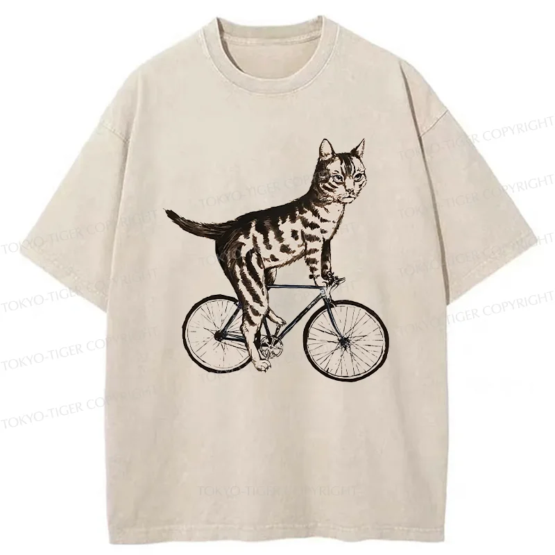 Tokyo-Tiger Cat Riding A Bicycle Washed T-Shirt